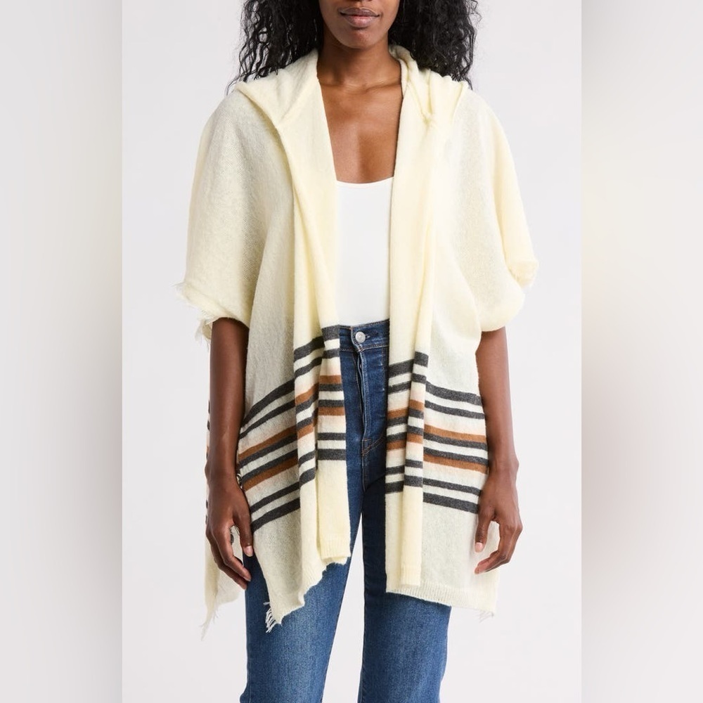 Melrose and Market Stripe Hooded Ruana, Ivory Combo, One Size, NWT